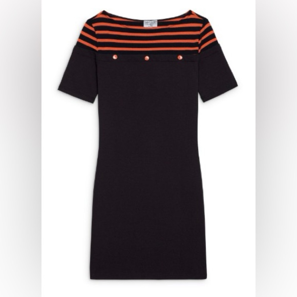 NWT Saint James Balancine navy striped short-sleeved dress with orange buttons